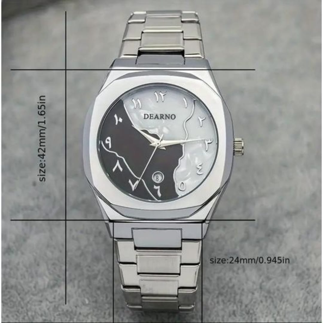 Dearno Men’s Stainless Steel Quartz Watch – Black & White Arabic Dial