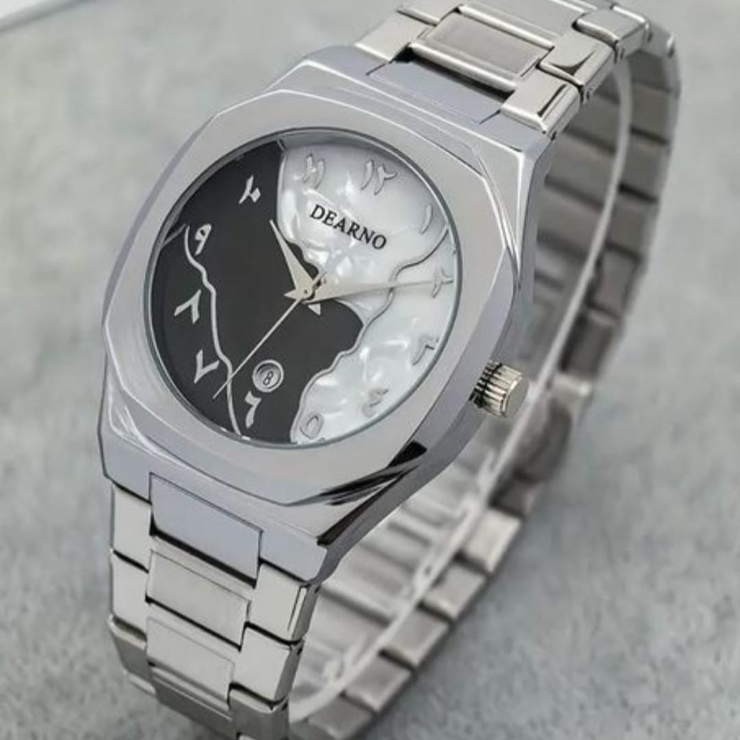 Dearno Men’s Stainless Steel Quartz Watch – Black & White Arabic Dial