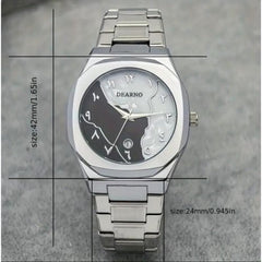Dearno Men’s Stainless Steel Quartz Watch – Black & White Arabic Dial
