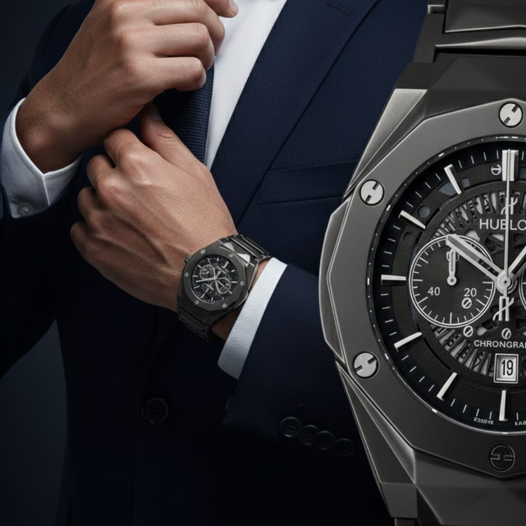Hublot Big Bang Chronograph Watch – Diamond-Cut Faceted Design with Metal Bracelet