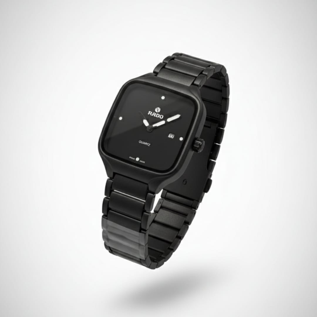 Rado Black Titan Quartz Watch – Square Dial with Metal Band
