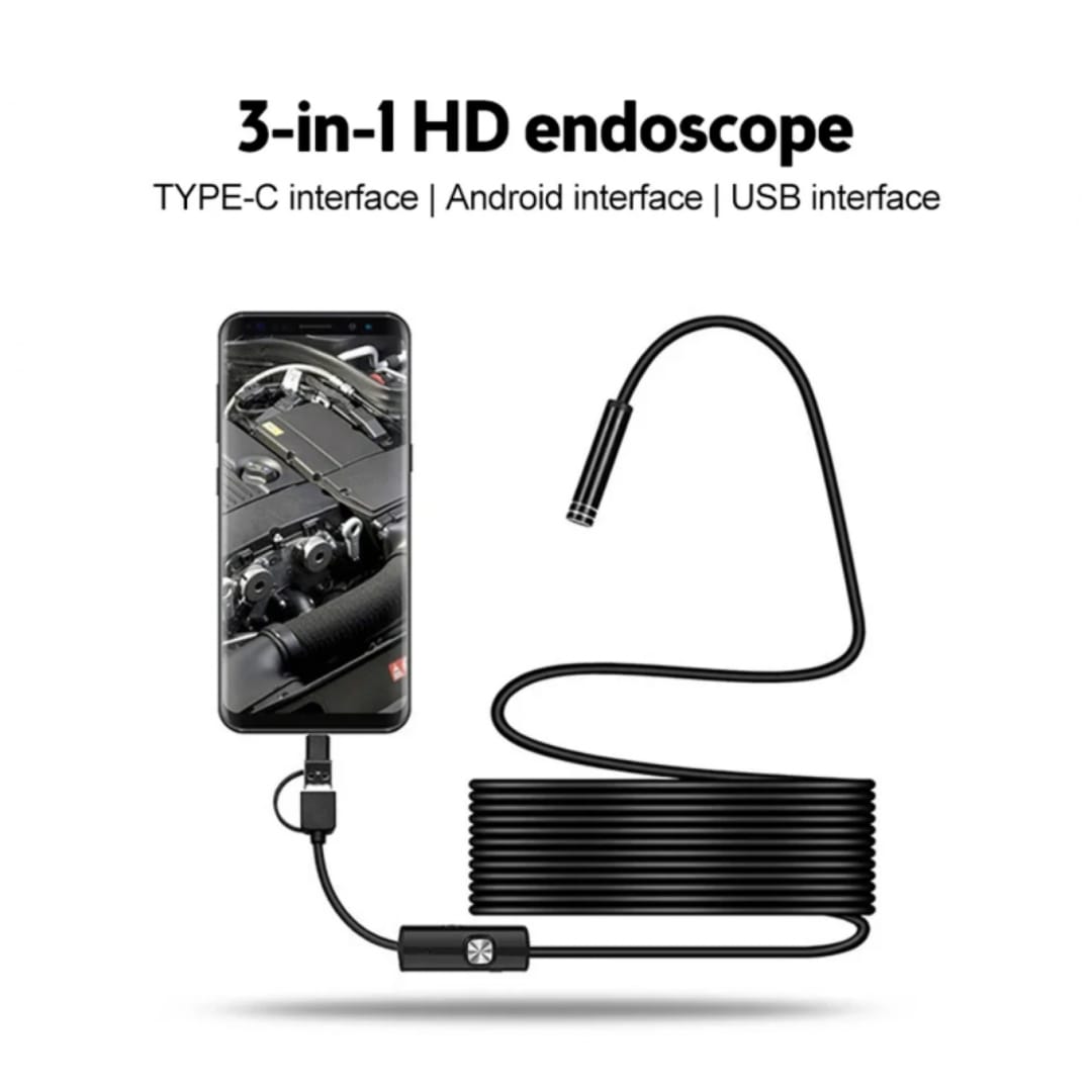 3-in-1 USB Endoscope Inspection Camera – Android, iPhone & PC Compatible | HD Borescope with LED Light