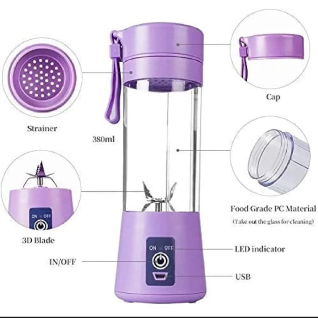 Portable USB Rechargeable Juicer Blender – 380ml Mini Smoothie Maker with 6 Stainless Steel Blades