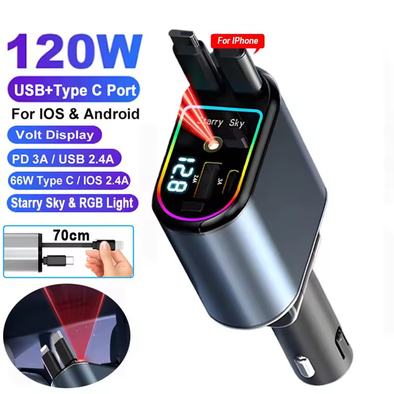 “4-in-1 Fast Charging Car Charger with Retractable Cable | COD Pakistan”