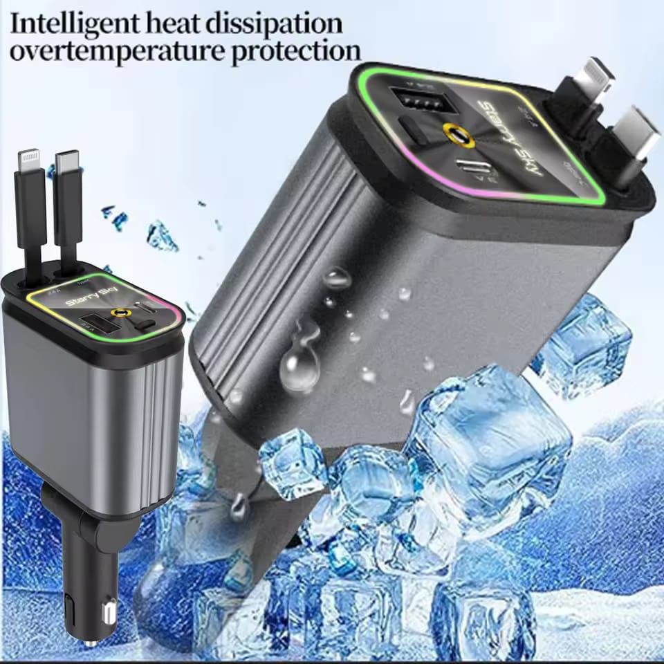 “4-in-1 Fast Charging Car Charger with Retractable Cable | COD Pakistan”